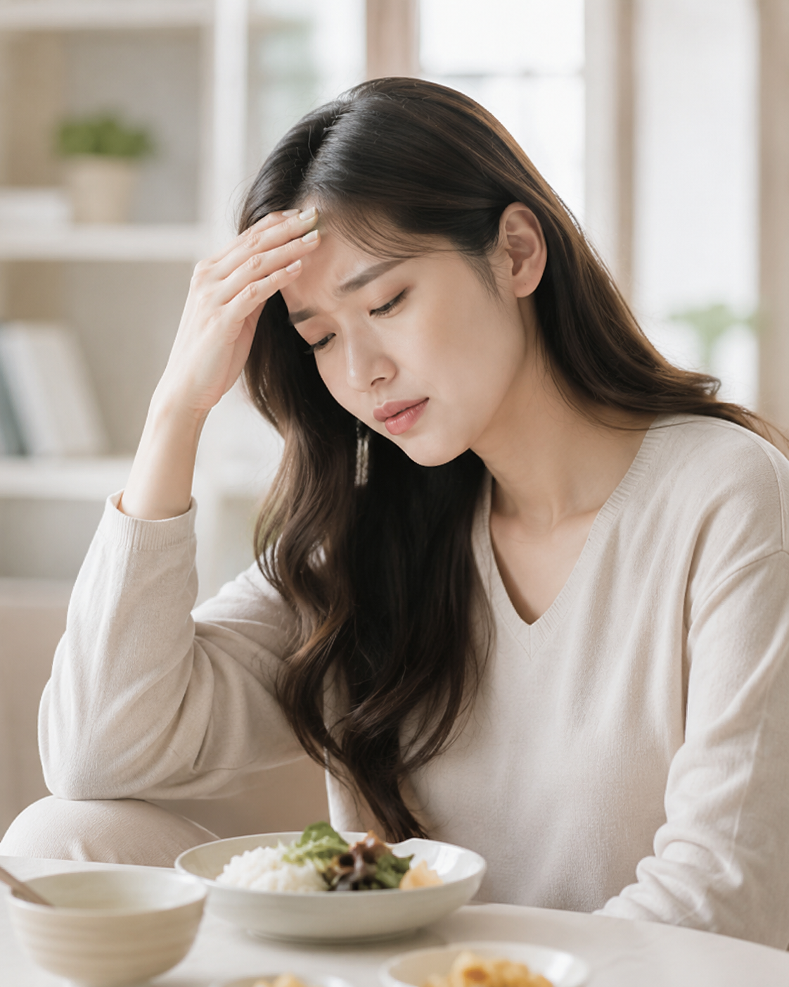 亞洲女士飯後感到疲累
