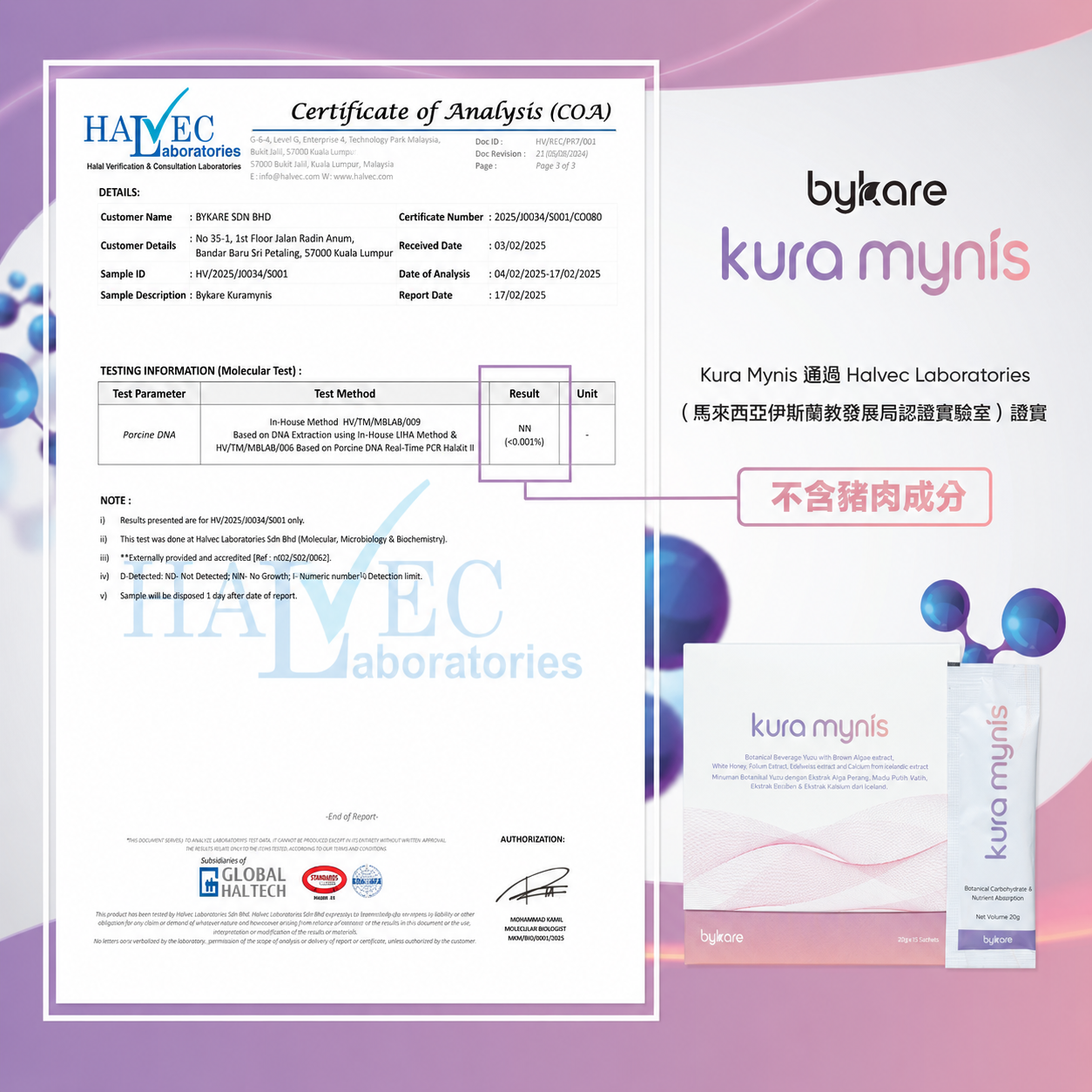 Kura Mynis Halvec Laboratories不含豬肉成分證書